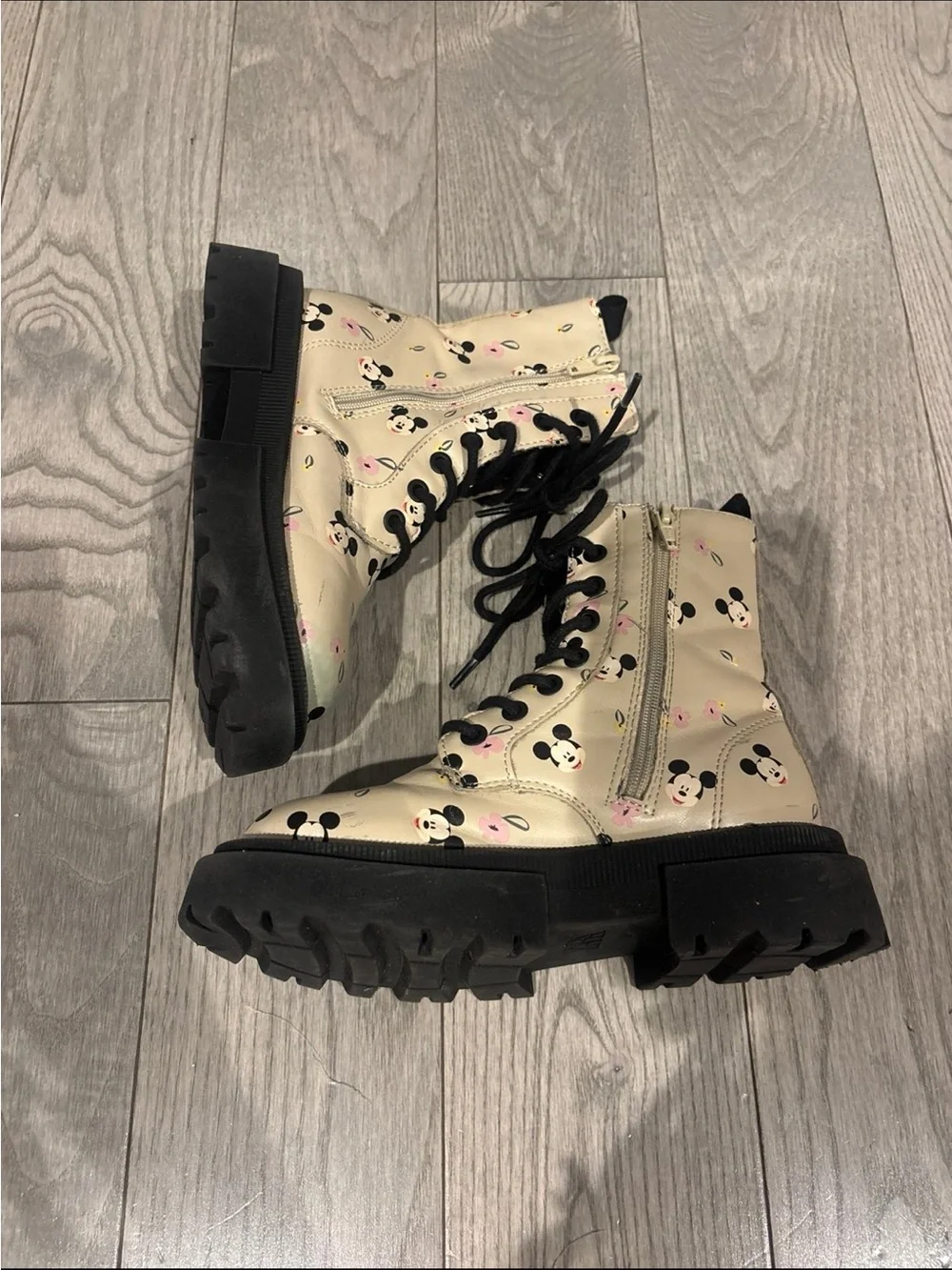 Zara Beige Kids Mickey Print Combat Boots with Black Soles
